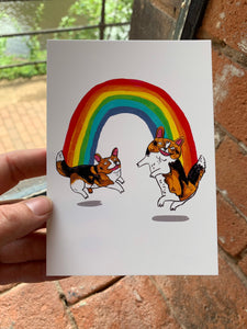 Dancing Corgi dogs under a Rainbow postcard A6 / mini print - Fernandes Makes