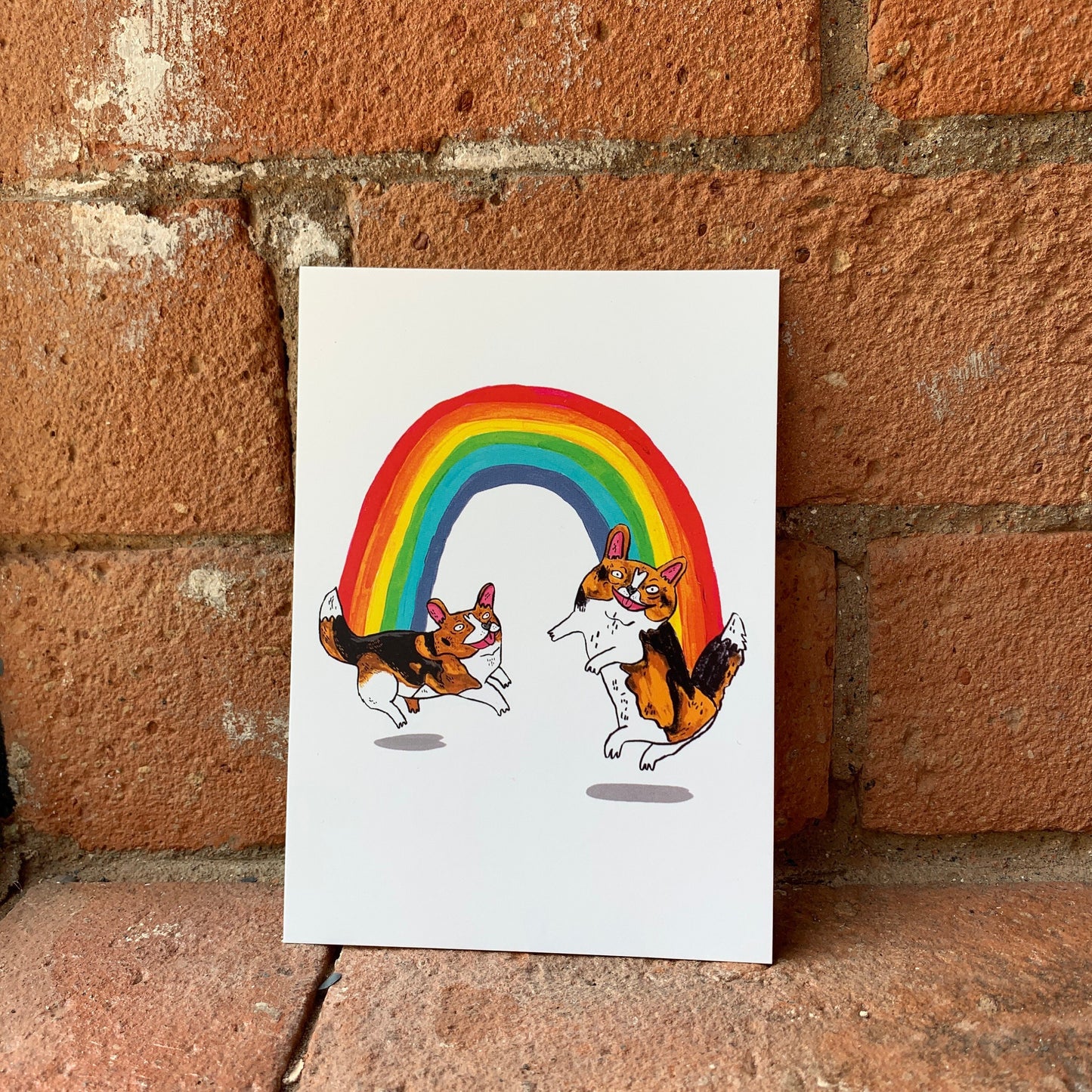Dancing Corgi dogs under a Rainbow postcard A6 / mini print - Fernandes Makes