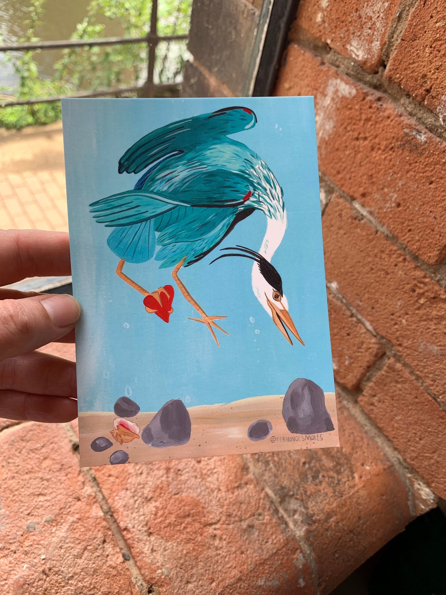 Diving Heron, wild bird illustration - A6 postcard, Mini art print - Fernandes Makes