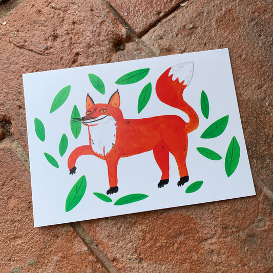 Happy Fox, leafy, wild illustration - A6 postcard, Mini art print - Fernandes Makes