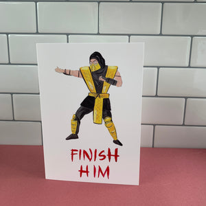 Finish Him - Mortal Kombat Greetings Card - Scorpion - Retro Gaming Card for Any Occasion, Blank Inside, Fun Illustrated Card For Gamers - Fernandes Makes