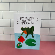 You deserve all the treats! - Happy frog and strawberry illustrated A6 Greetings card, well done and congratulations - Fernandes Makes