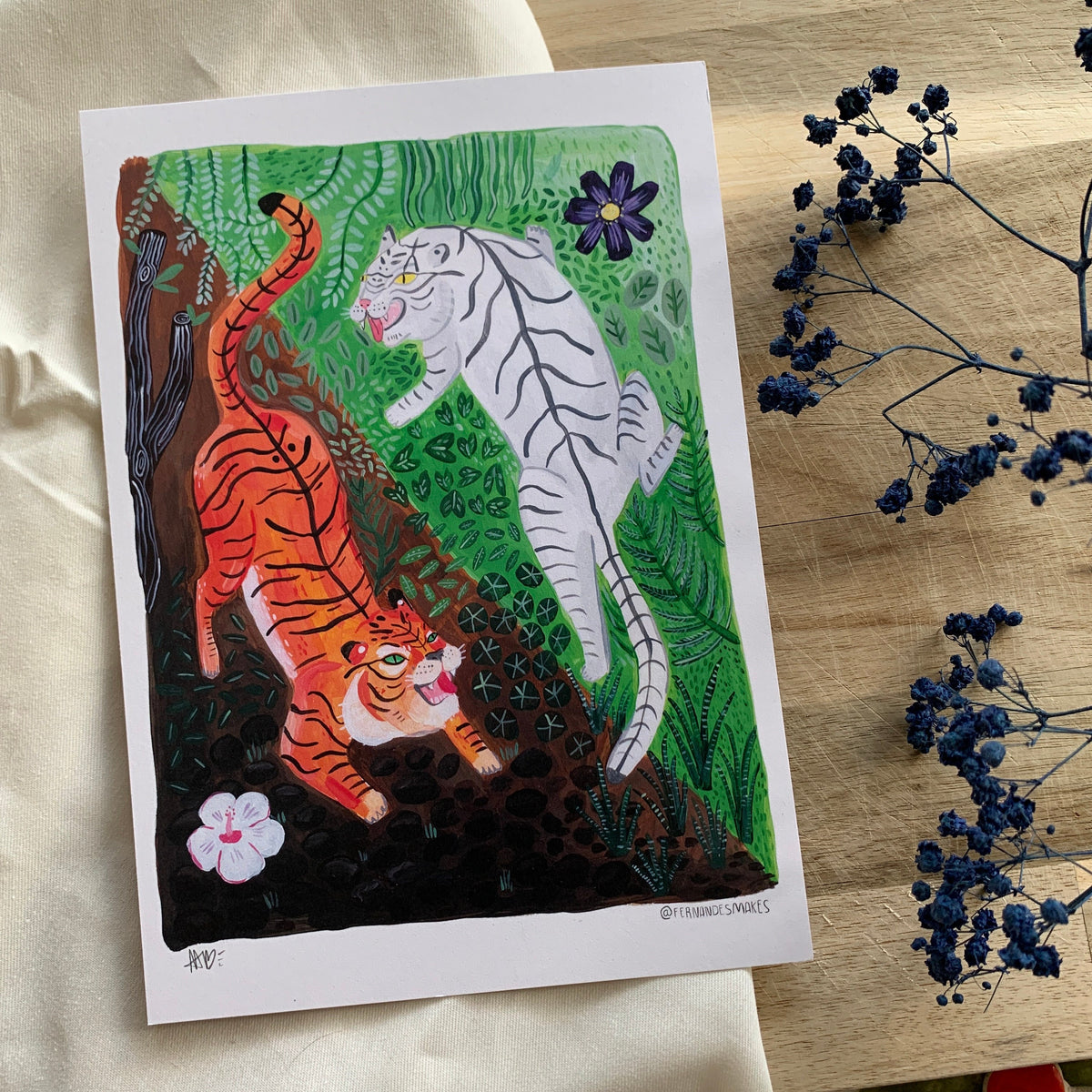 Yin and Yang Tigers Print - Fun, Motivational Art Print, White Tiger Illustration, Jungle Animals, Ancient Chinese Inspired Art, Nature - Fernandes Makes