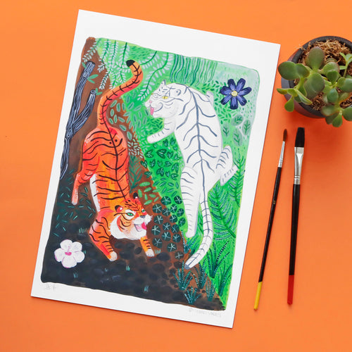 Yin and Yang Tigers Print - Fun, Motivational Art Print, White Tiger Illustration, Jungle Animals, Ancient Chinese Inspired Art, Nature - Fernandes Makes