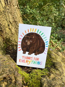 Thanks for everything Bear - Motivational A6 Greeting card - animal illustration rainbow thank you card - Fernandes Makes